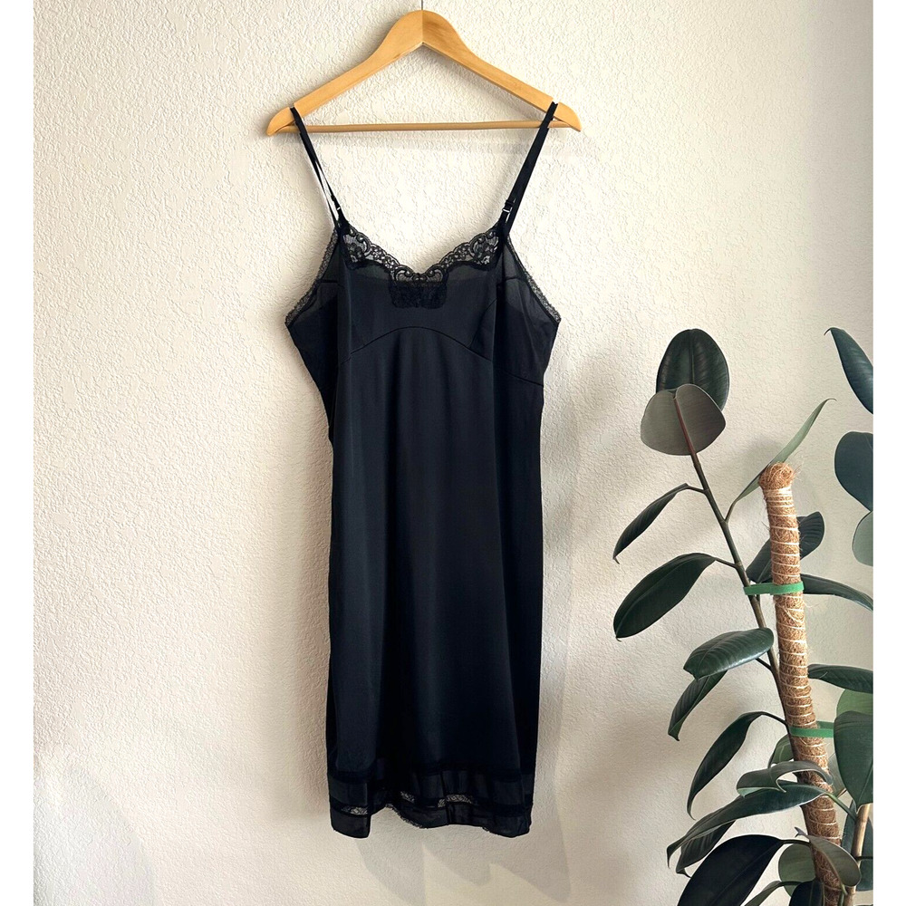 Vintage Womens Adonna Black Slip Dress 40/M Satin/Lace Lingerie‎ Union Made USA